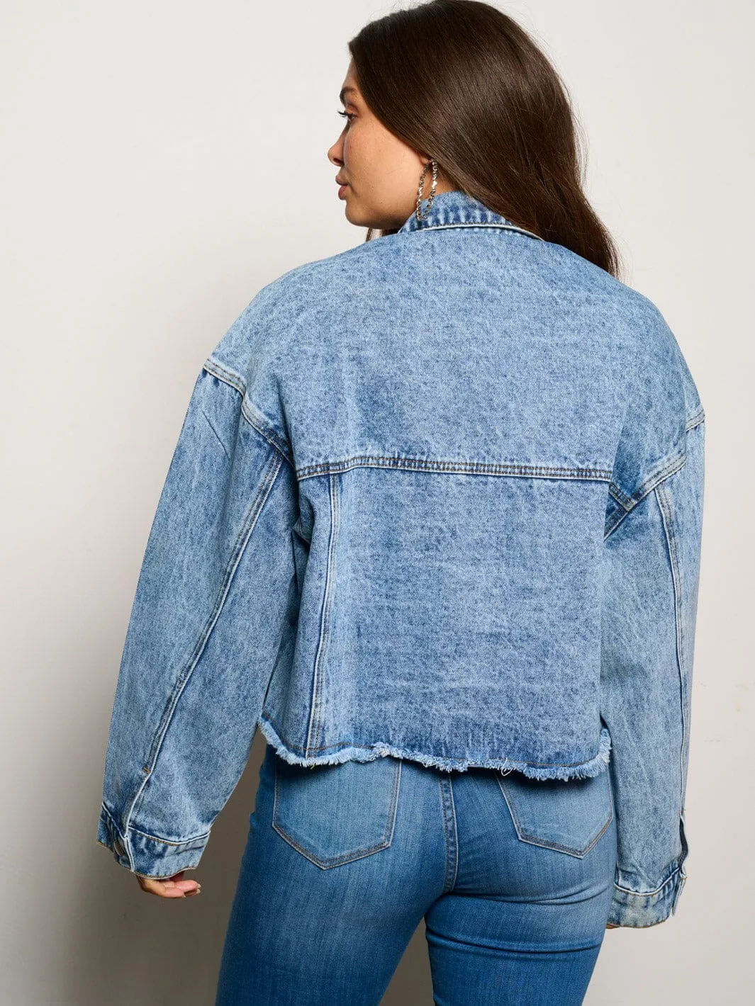 WOMEN'S LONG SLEEVE BUTTON CLOSURE STUDS POCKETS DENIM JACKET
