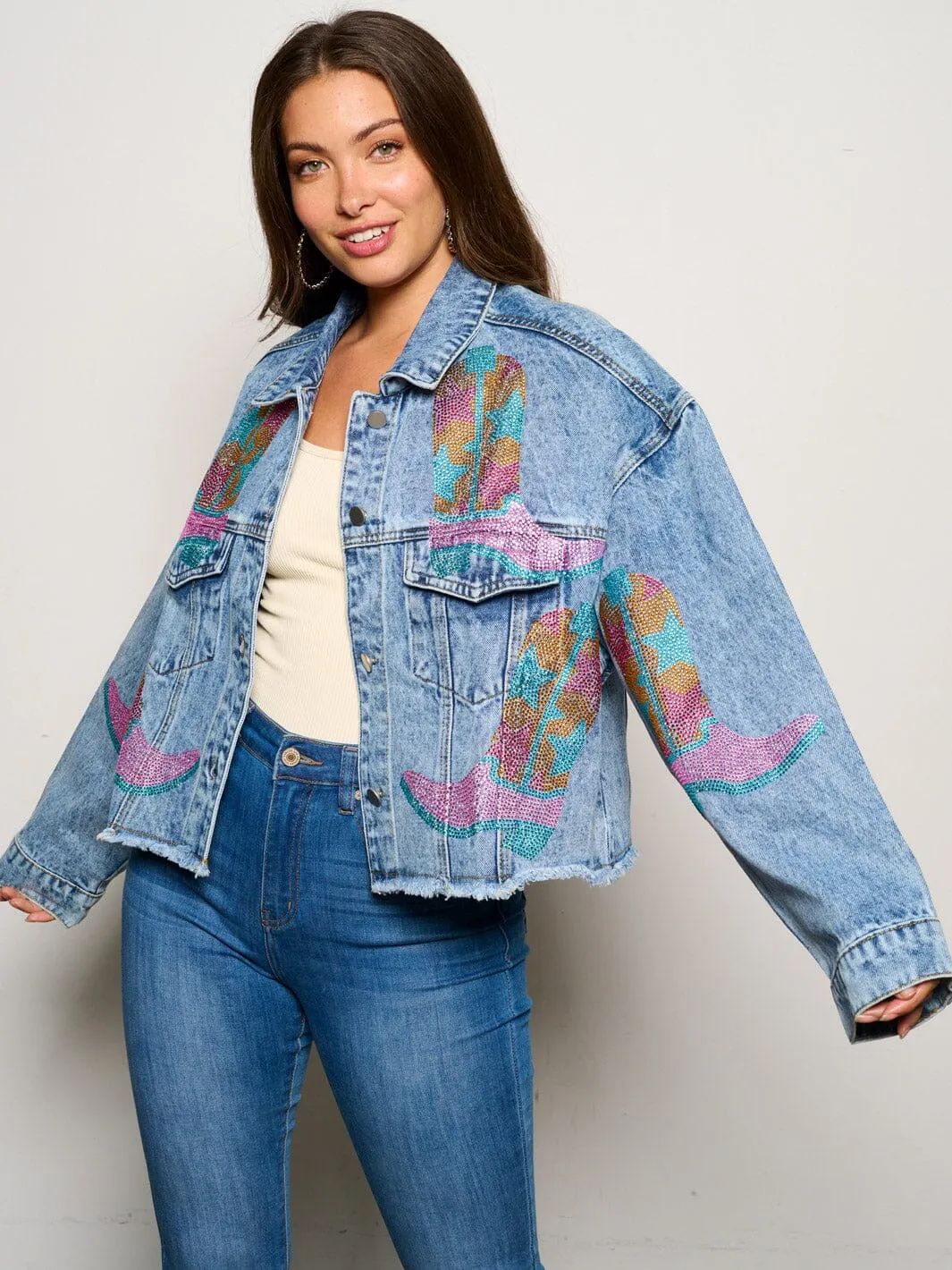 WOMEN'S LONG SLEEVE BUTTON CLOSURE STUDS POCKETS DENIM JACKET