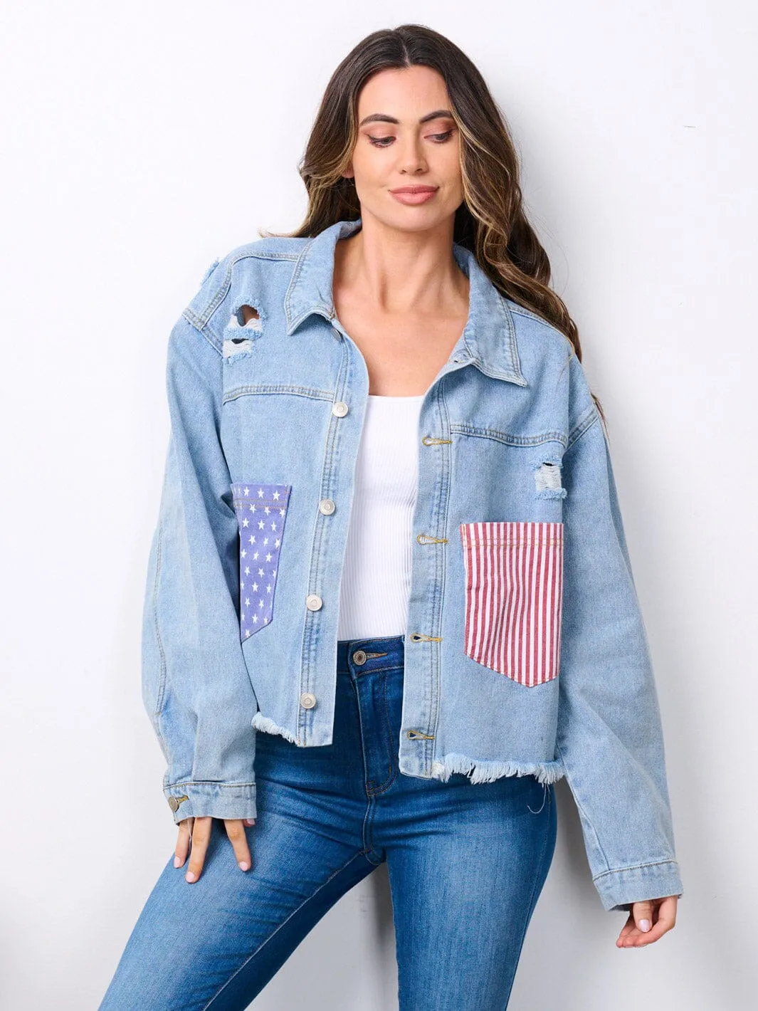 WOMEN'S LONG SLEEVE BUTTON UP AMERICAN FLAG DENIM JACKET