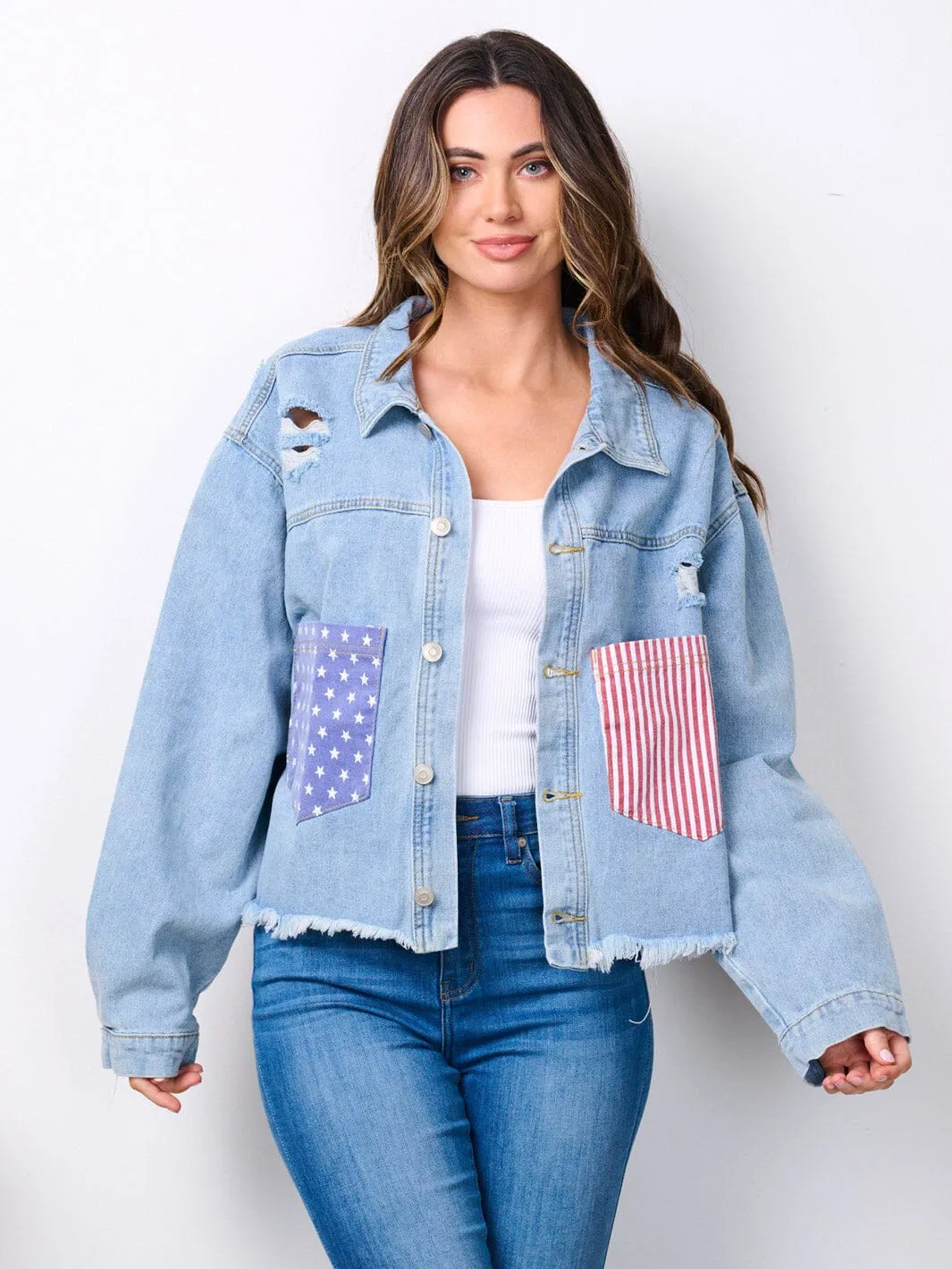 WOMEN'S LONG SLEEVE BUTTON UP AMERICAN FLAG DENIM JACKET