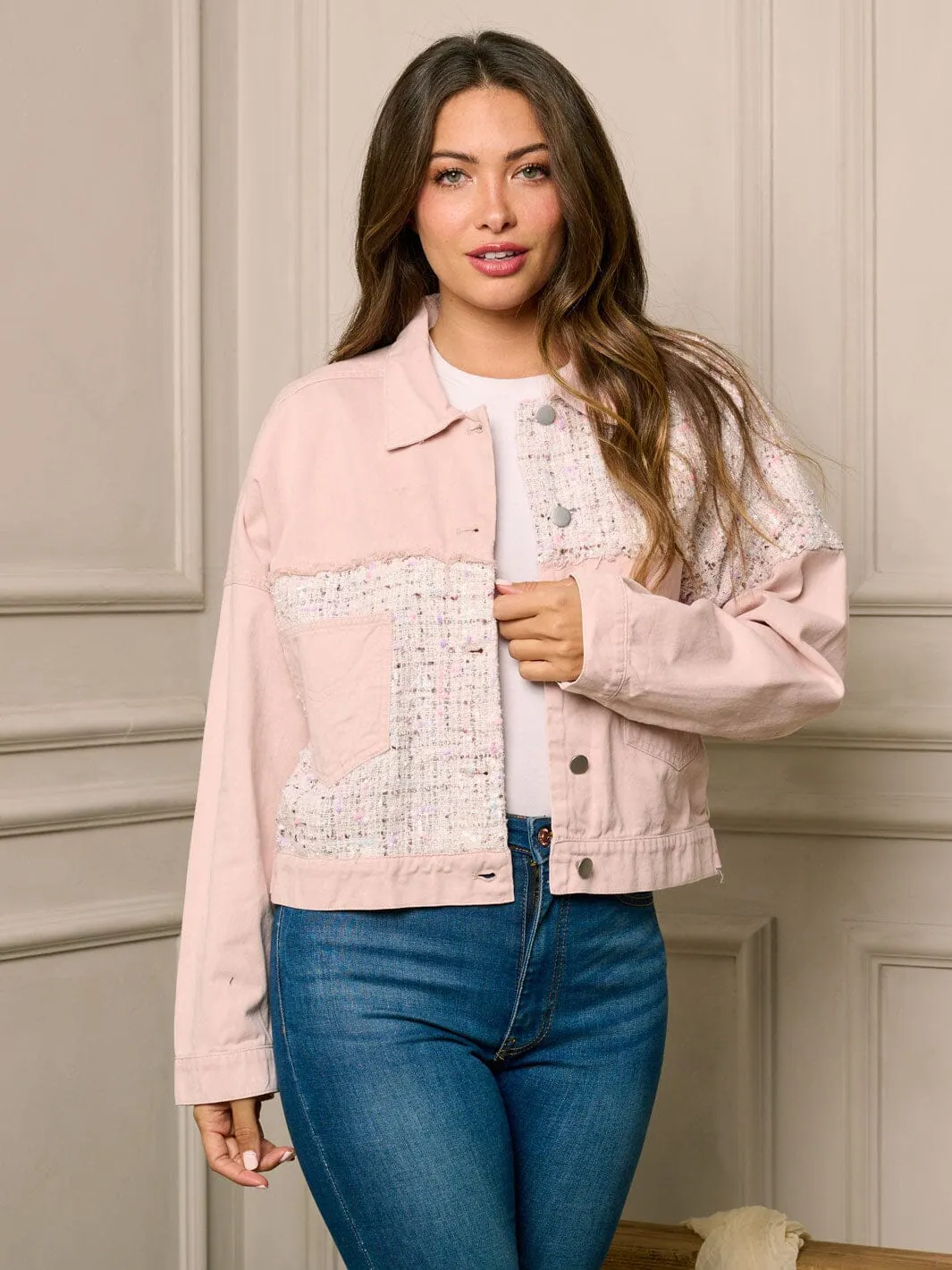 WOMEN'S LONG SLEEVE BUTTON UP CONTRAST DENIM JACKET