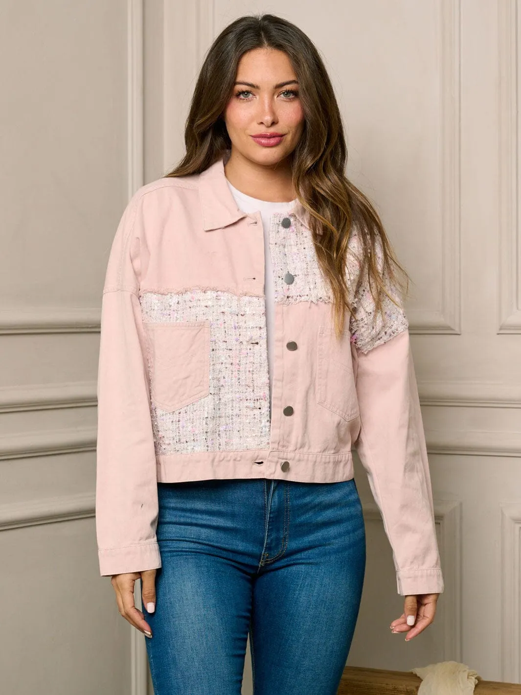 WOMEN'S LONG SLEEVE BUTTON UP CONTRAST DENIM JACKET
