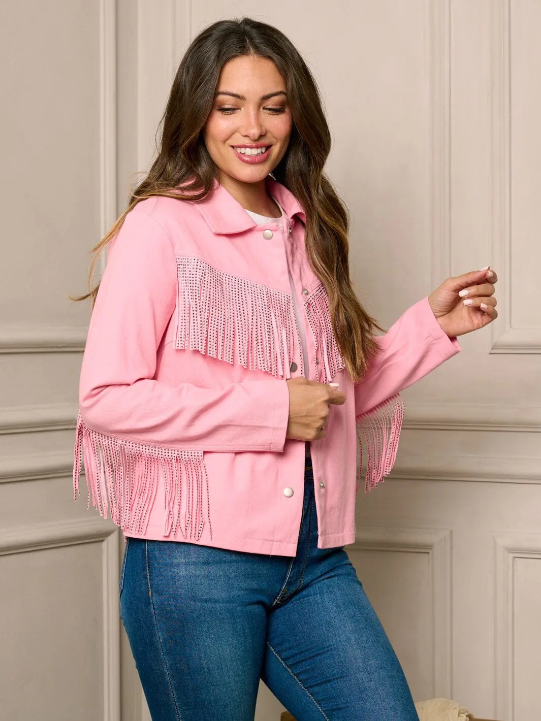 WOMEN'S LONG SLEEVE BUTTON UP STUDS DETAILED DENIM JACKET