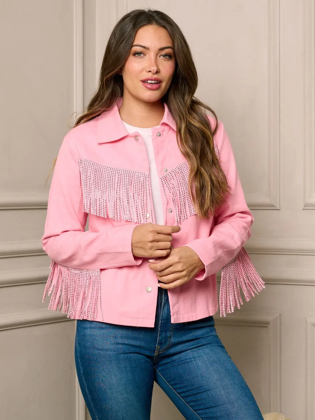 WOMEN'S LONG SLEEVE BUTTON UP STUDS DETAILED DENIM JACKET