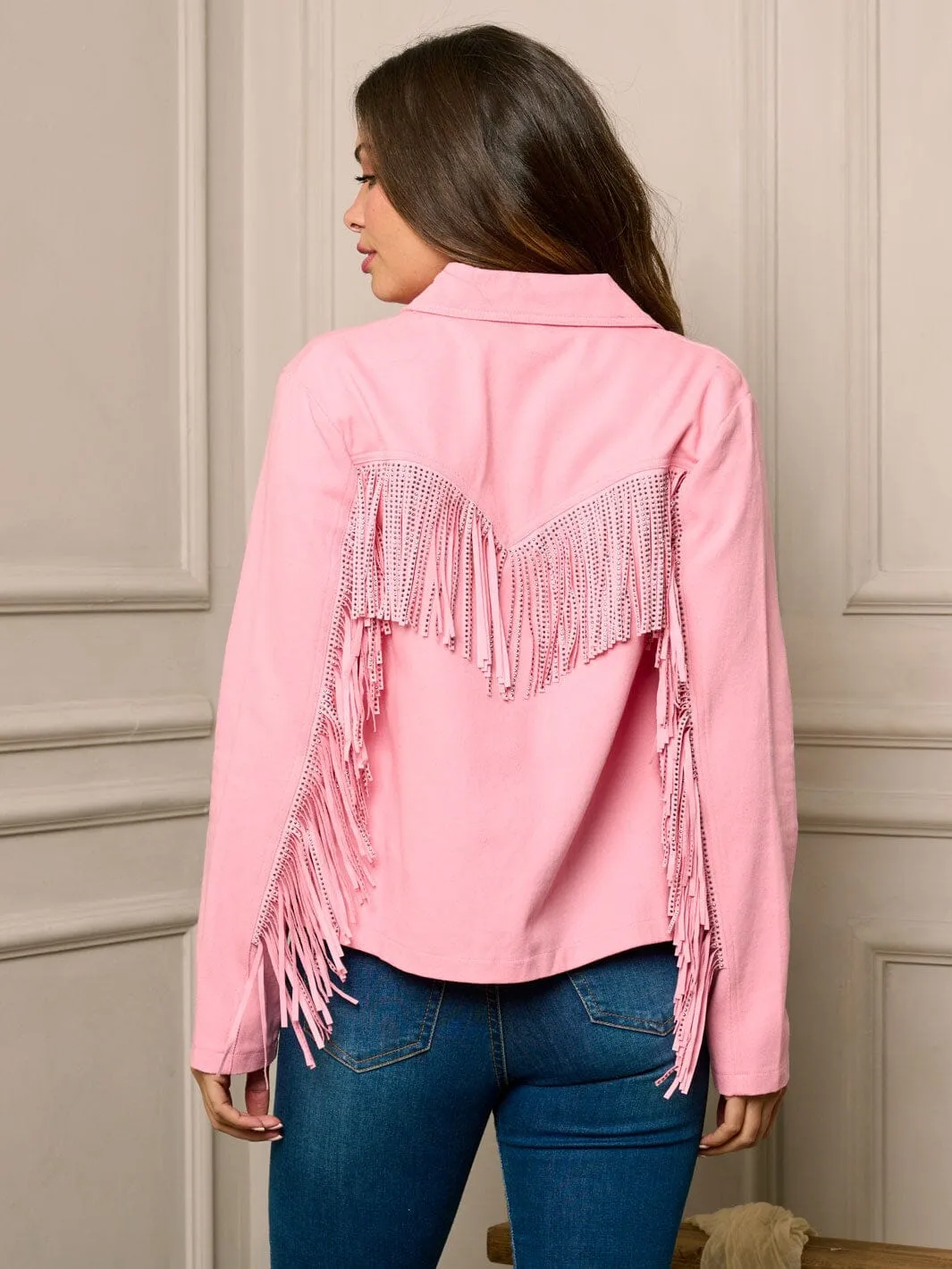 WOMEN'S LONG SLEEVE BUTTON UP STUDS DETAILED DENIM JACKET