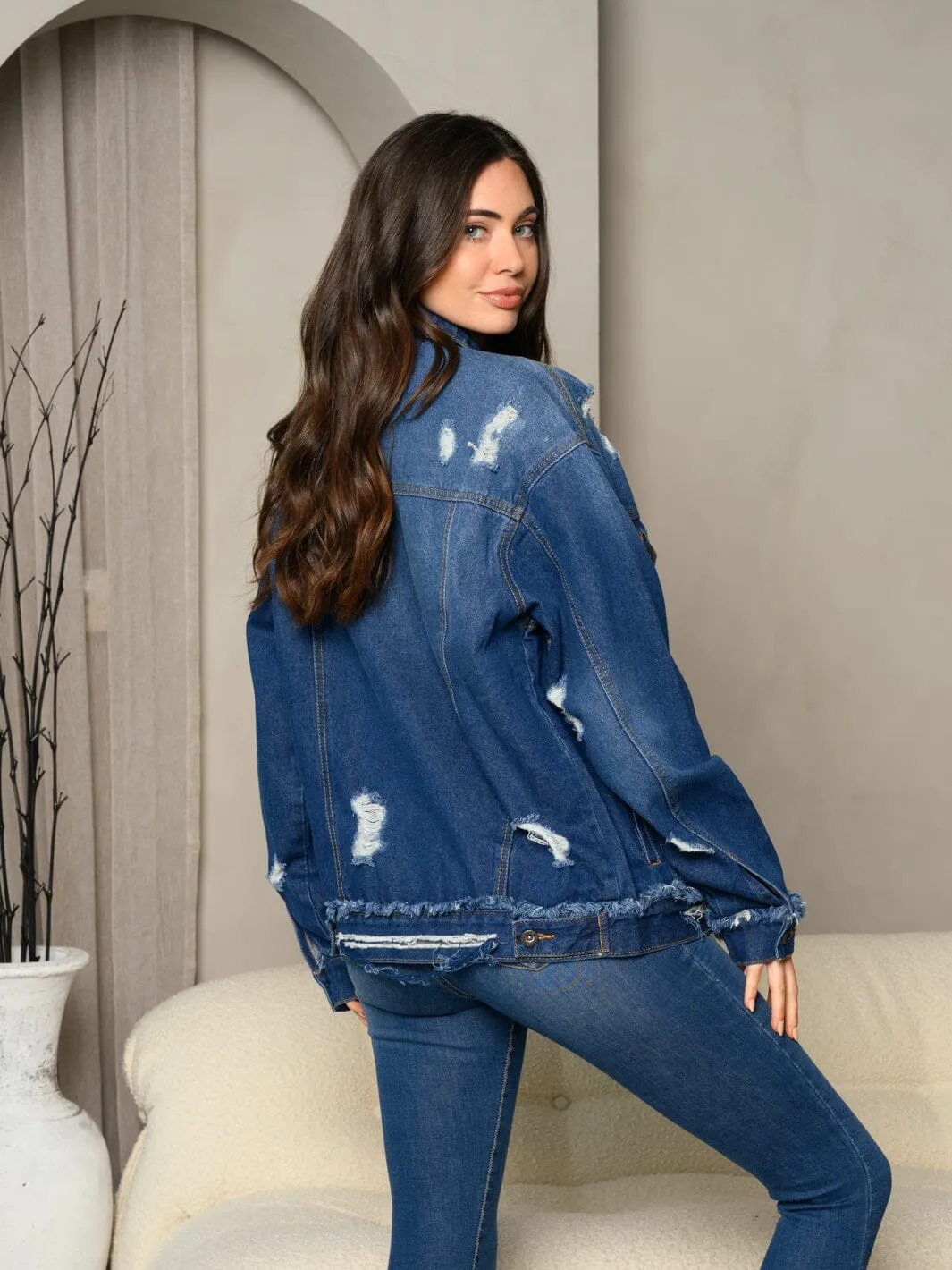 WOMEN'S LONG SLEEVE DENIM BUTTON UP DISTRESS JACKET