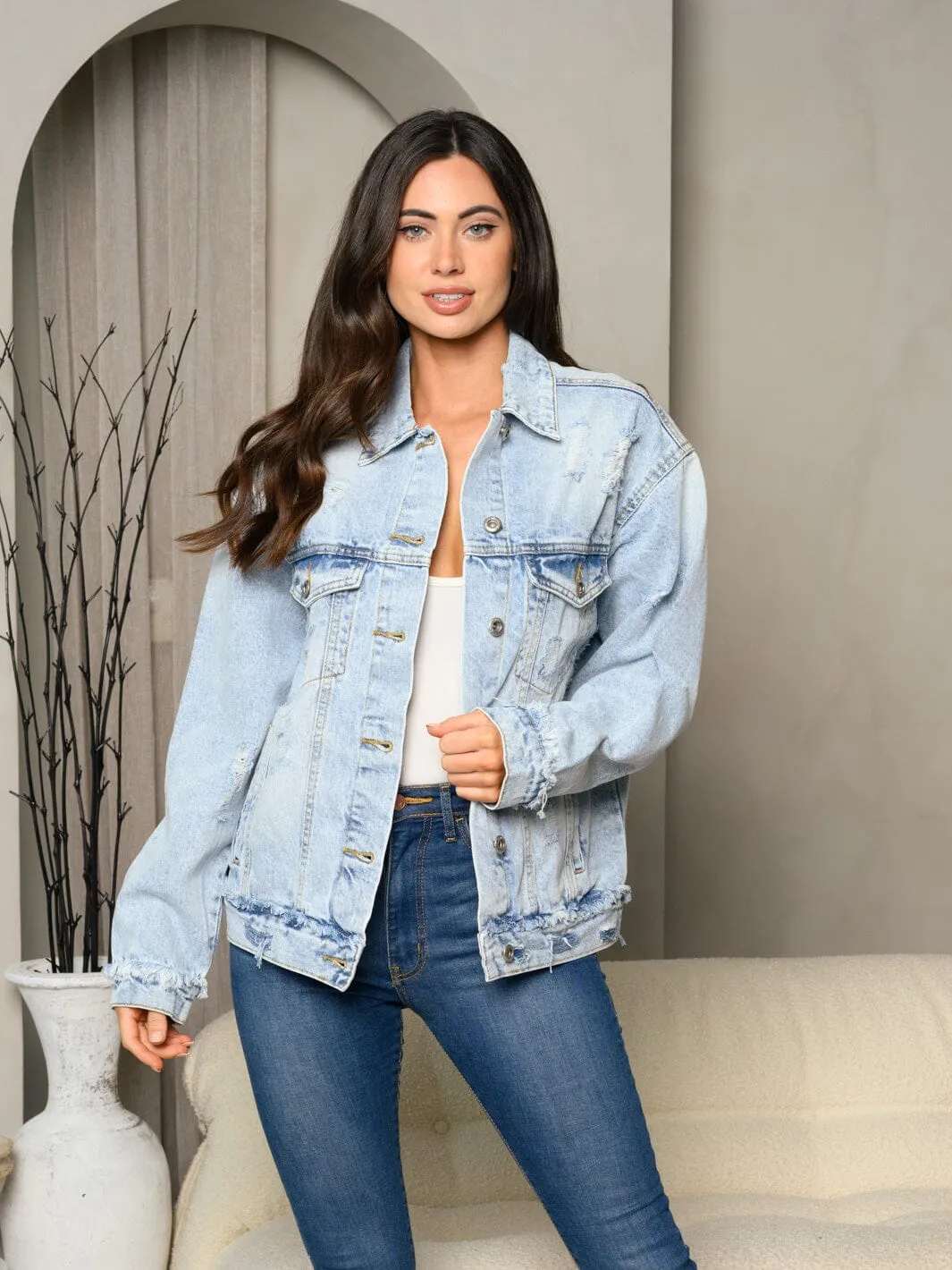 WOMEN'S LONG SLEEVE DENIM BUTTON UP DISTRESS JACKET