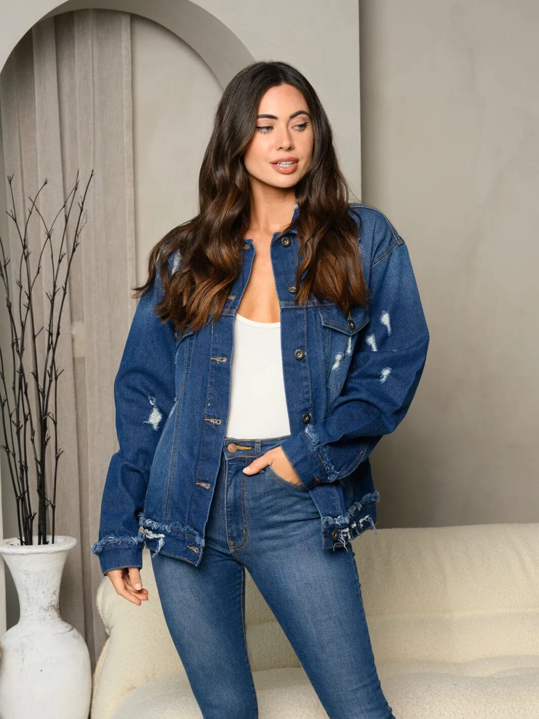 WOMEN'S LONG SLEEVE DENIM BUTTON UP DISTRESS JACKET