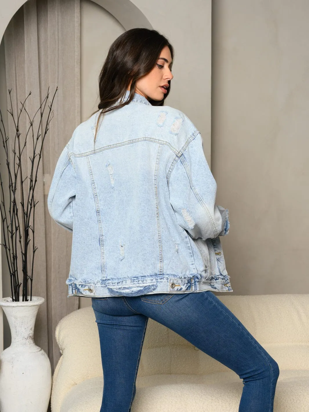 WOMEN'S LONG SLEEVE DENIM BUTTON UP DISTRESS JACKET