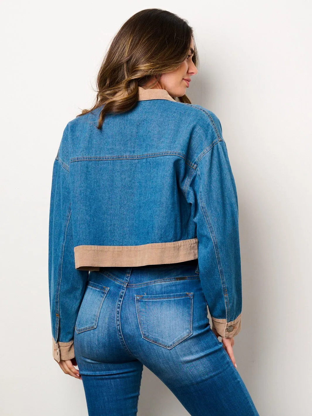 WOMEN'S LONG SLEEVE POCKETS BUTTON CLOSURE DENIM CORDUROY JACKET