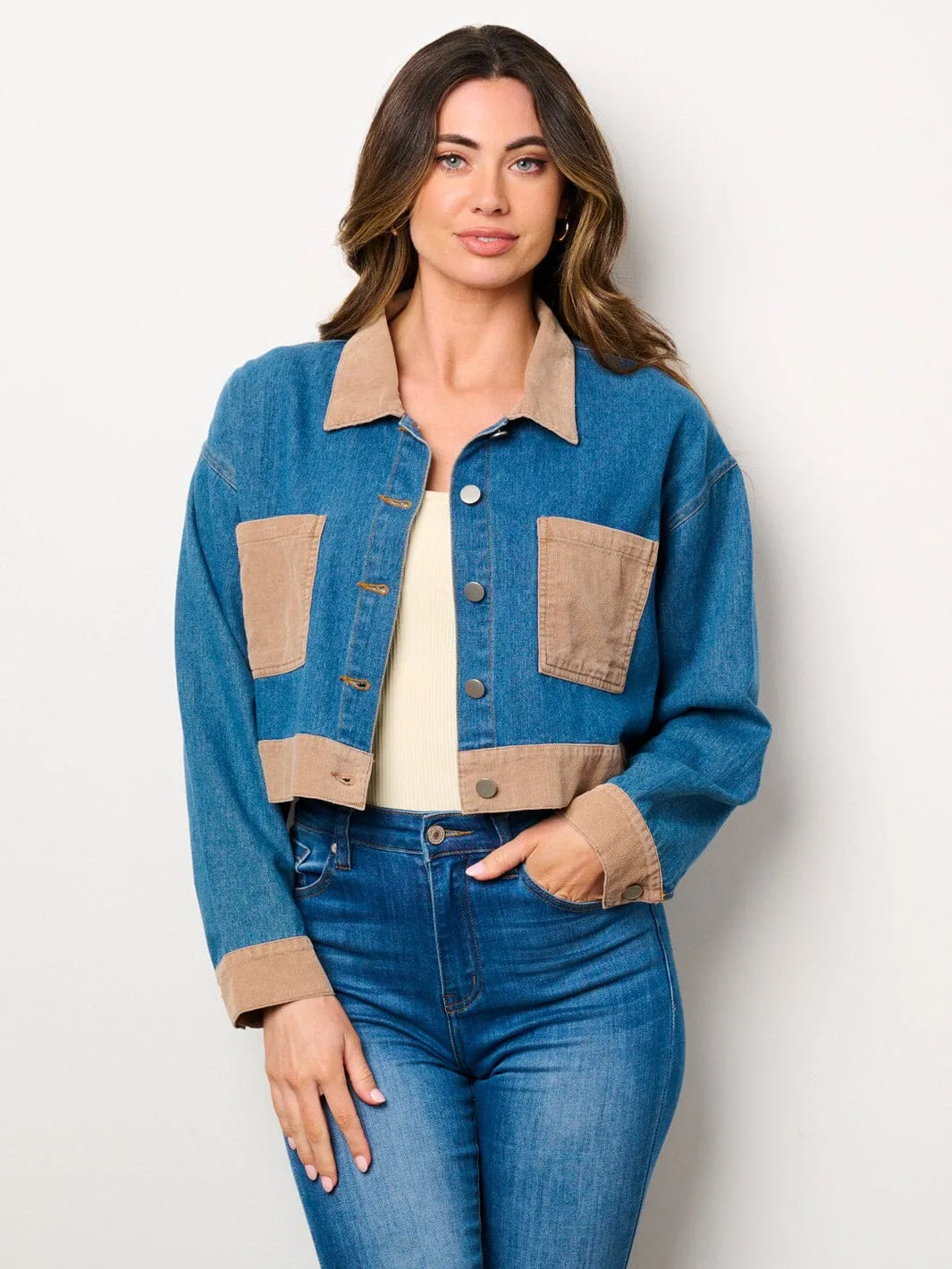 WOMEN'S LONG SLEEVE POCKETS BUTTON CLOSURE DENIM CORDUROY JACKET