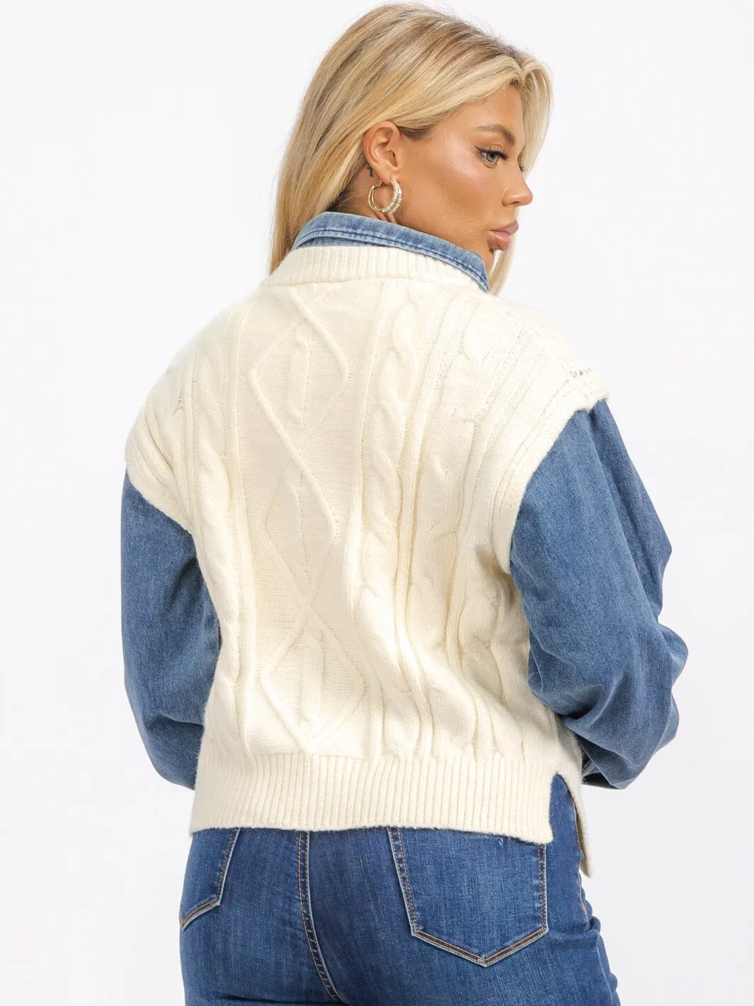 WOMEN'S LONG SLEEVE V-NECK DENIM KNITTED CONTRAST PULLOVER SWEATER
