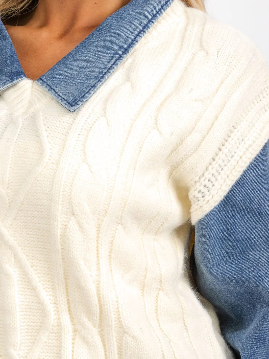 WOMEN'S LONG SLEEVE V-NECK DENIM KNITTED CONTRAST PULLOVER SWEATER