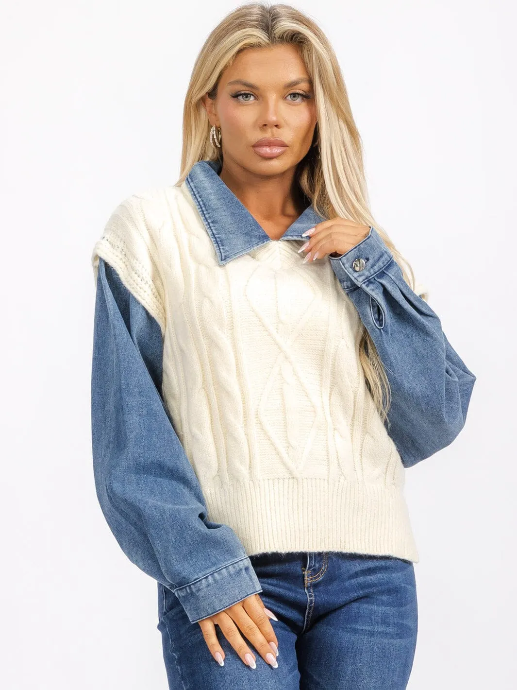 WOMEN'S LONG SLEEVE V-NECK DENIM KNITTED CONTRAST PULLOVER SWEATER
