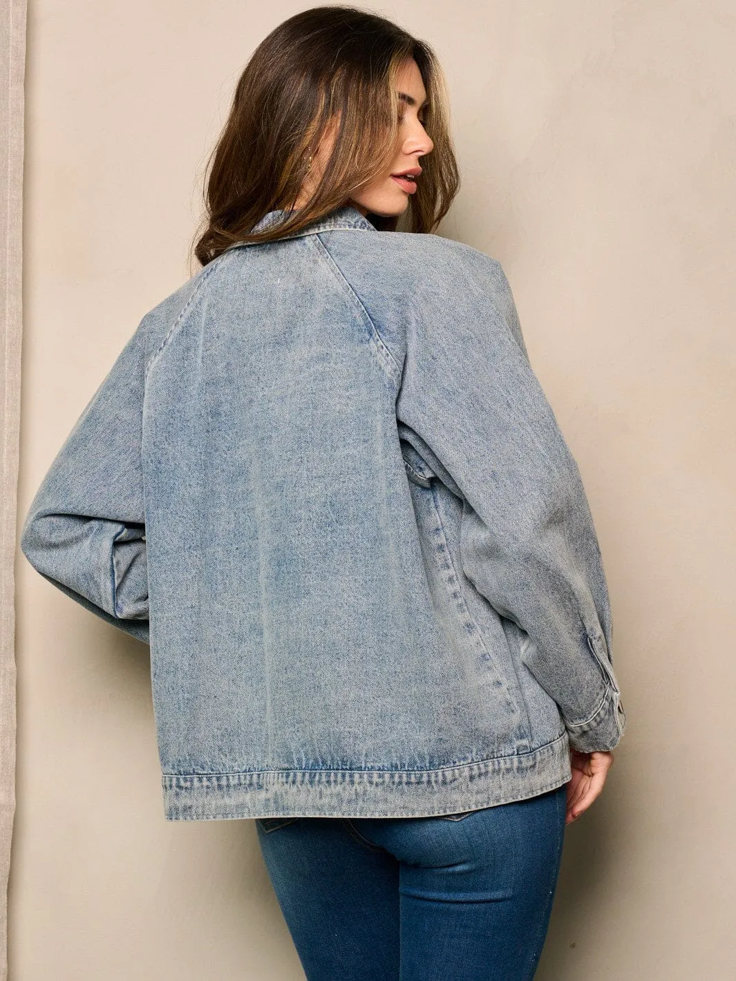 WOMEN'S LONG SLEEVE ZIP UP POCKETS DENIM JACKET