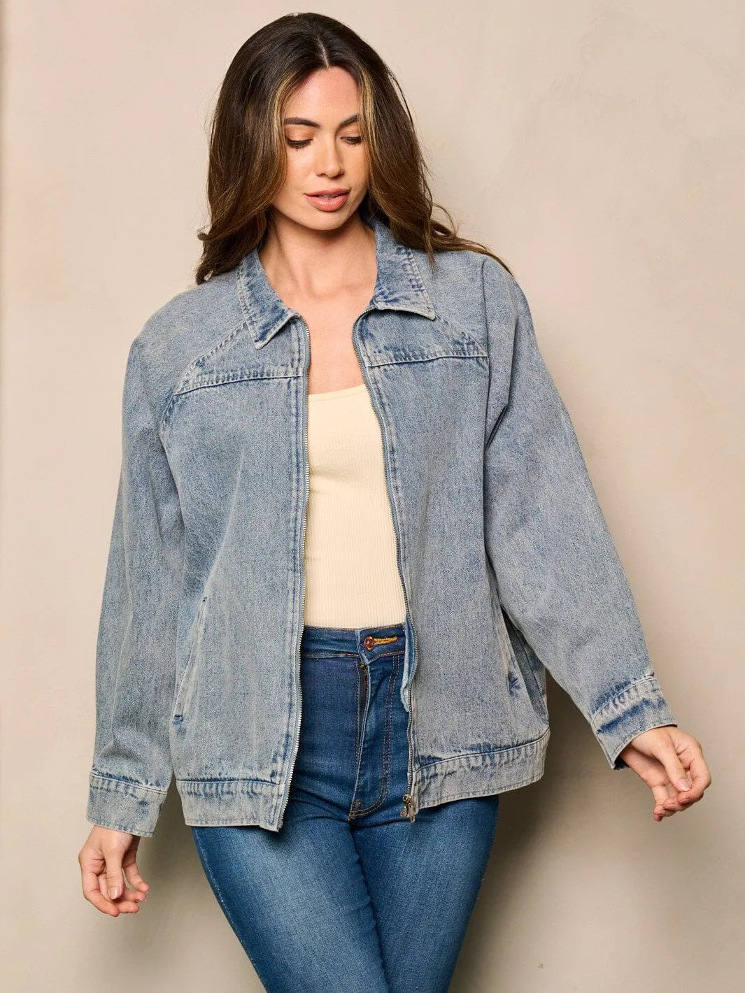 WOMEN'S LONG SLEEVE ZIP UP POCKETS DENIM JACKET