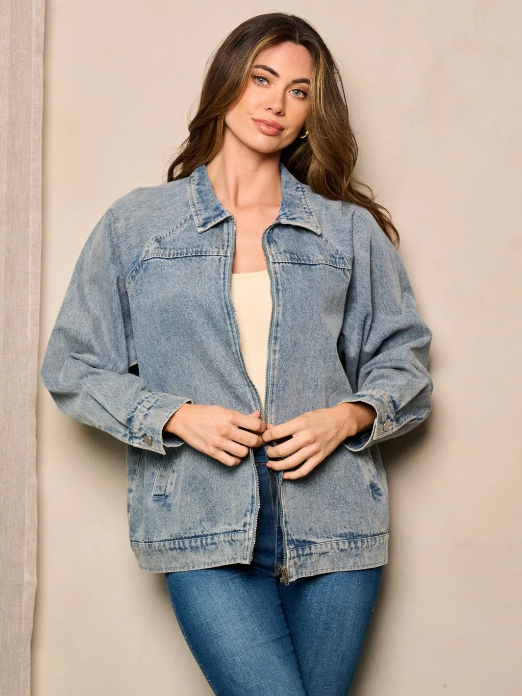 WOMEN'S LONG SLEEVE ZIP UP POCKETS DENIM JACKET