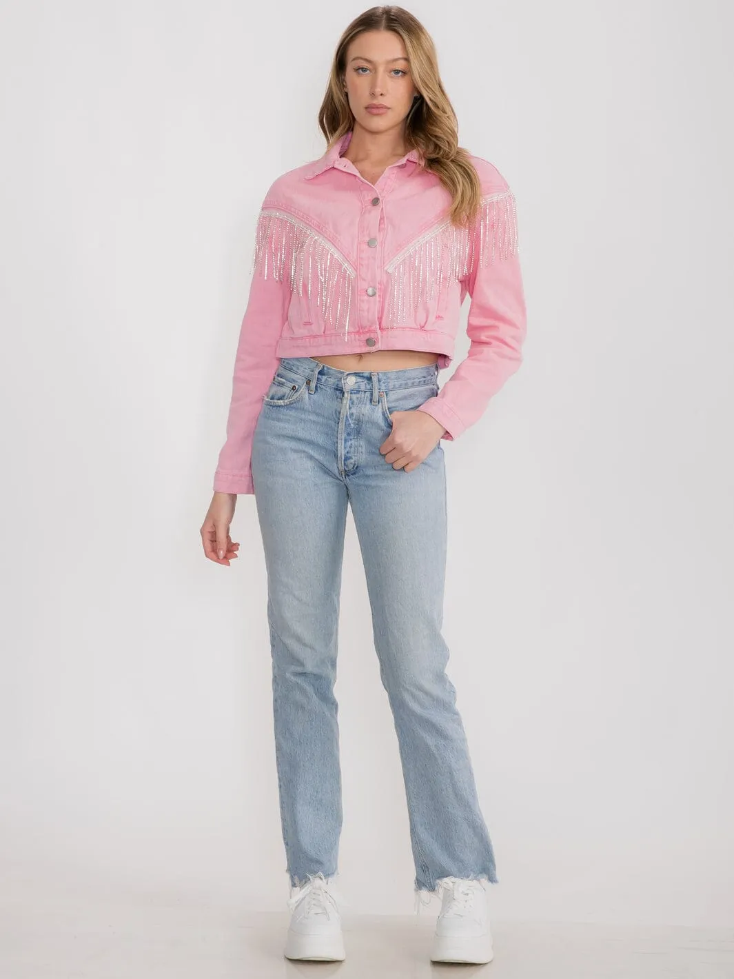 WOMEN'S LONG SLEEVES BUTTON CLOSURE FRINGE STUDS DENIM JACKET