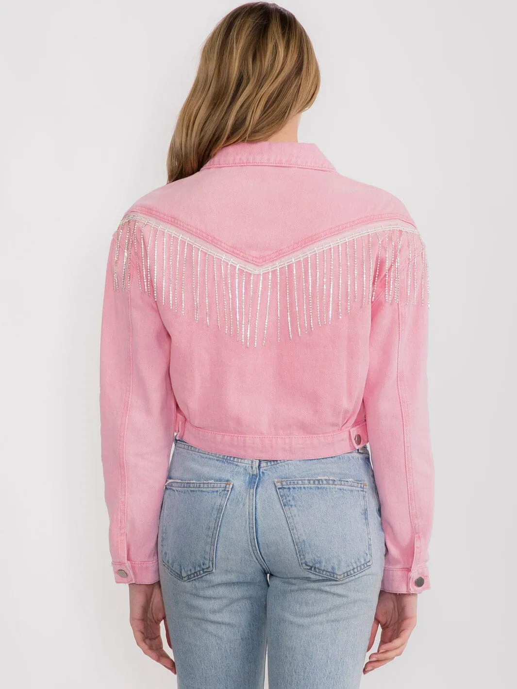 WOMEN'S LONG SLEEVES BUTTON CLOSURE FRINGE STUDS DENIM JACKET