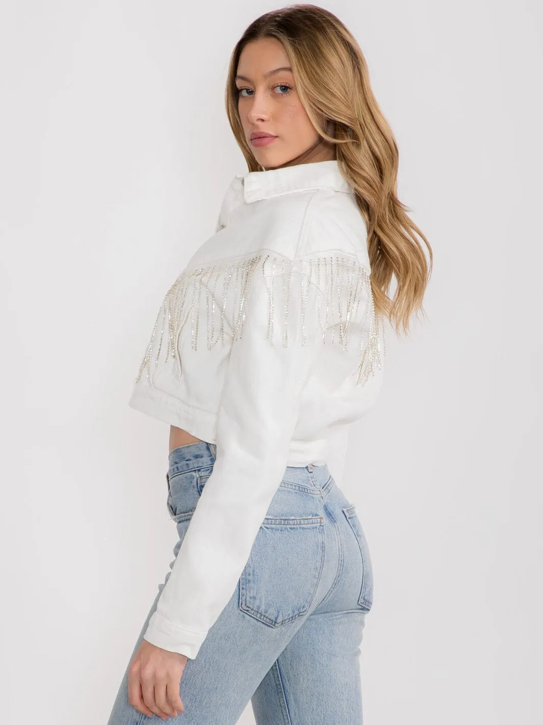 WOMEN'S LONG SLEEVES BUTTON CLOSURE FRINGE STUDS DENIM JACKET