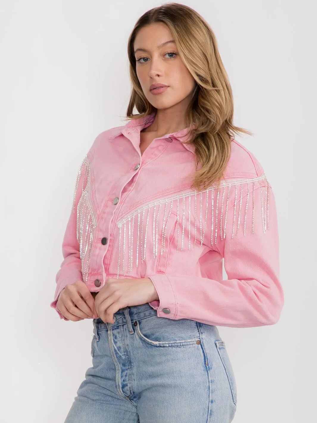 WOMEN'S LONG SLEEVES BUTTON CLOSURE FRINGE STUDS DENIM JACKET