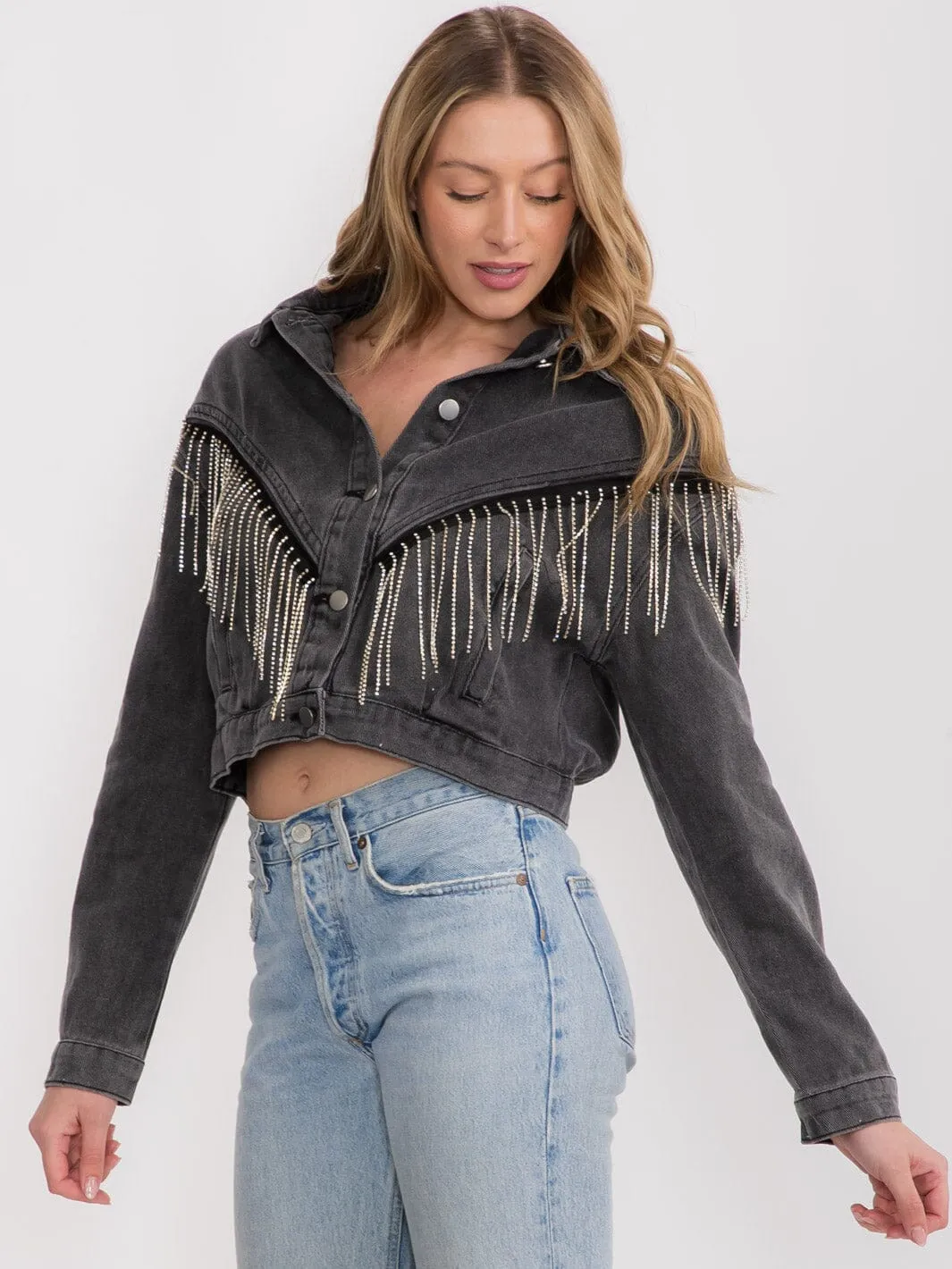 WOMEN'S LONG SLEEVES BUTTON CLOSURE FRINGE STUDS DENIM JACKET