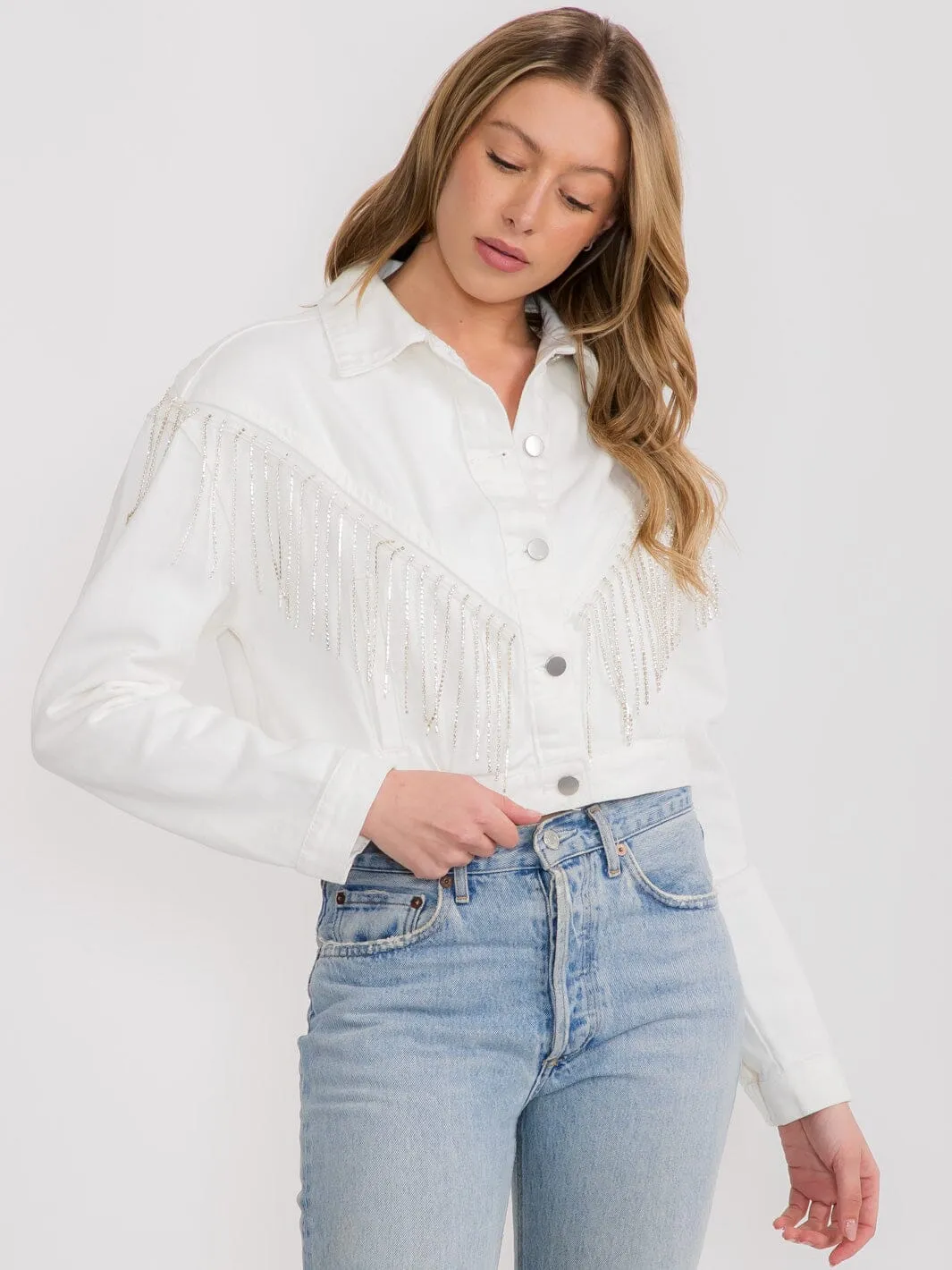 WOMEN'S LONG SLEEVES BUTTON CLOSURE FRINGE STUDS DENIM JACKET