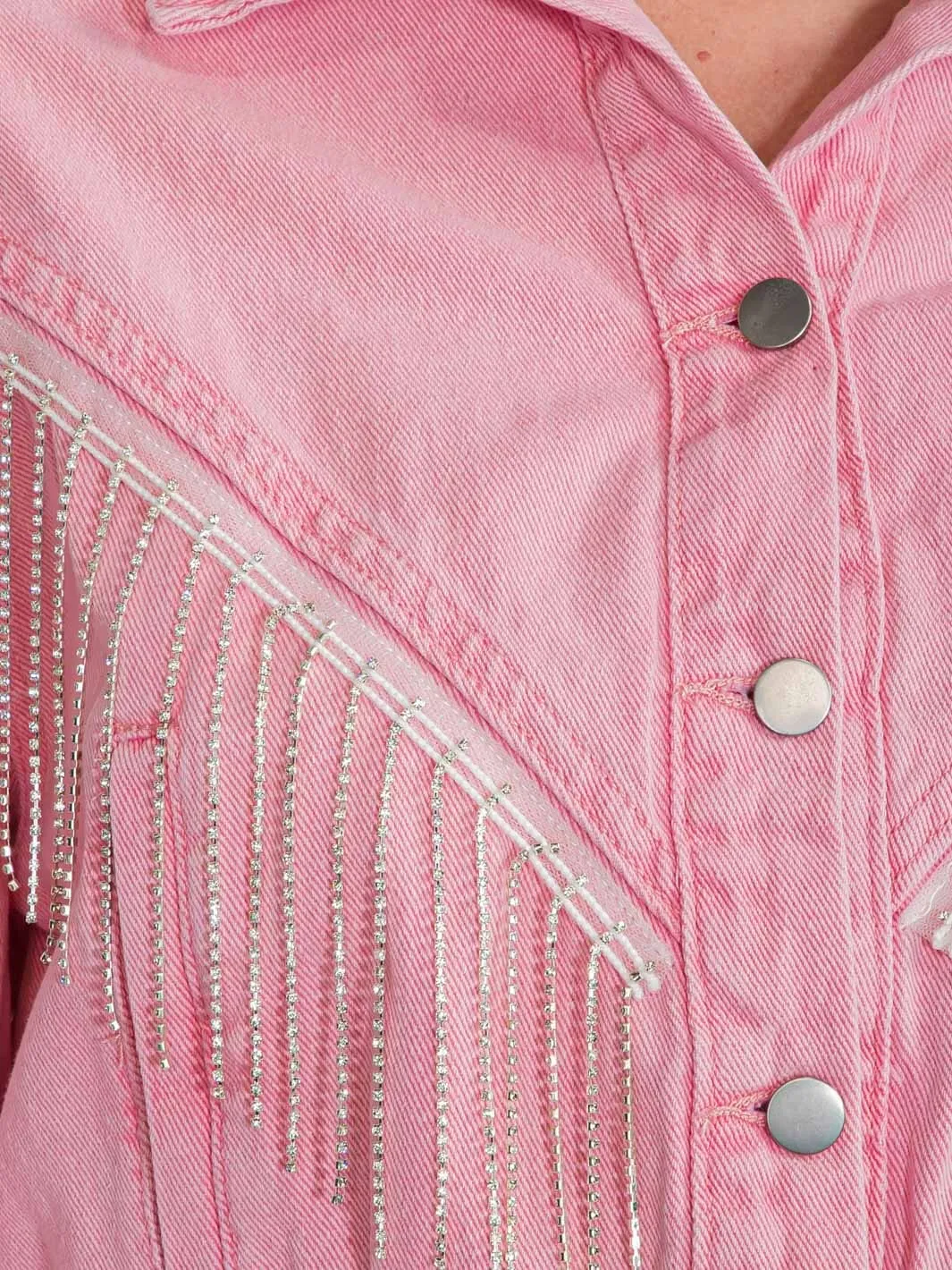 WOMEN'S LONG SLEEVES BUTTON CLOSURE FRINGE STUDS DENIM JACKET