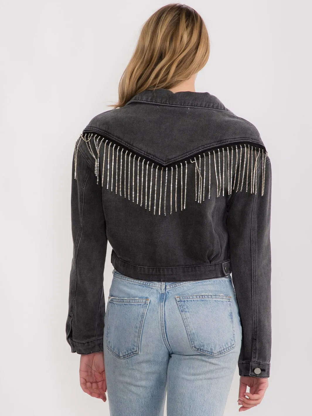 WOMEN'S LONG SLEEVES BUTTON CLOSURE FRINGE STUDS DENIM JACKET