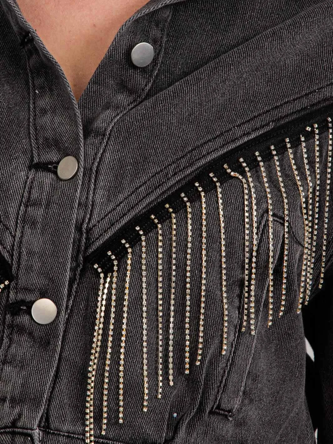 WOMEN'S LONG SLEEVES BUTTON CLOSURE FRINGE STUDS DENIM JACKET
