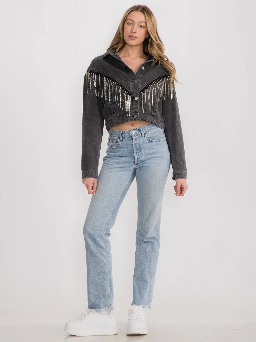 WOMEN'S LONG SLEEVES BUTTON CLOSURE FRINGE STUDS DENIM JACKET