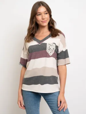 WOMEN'S V-NECK STRIPES POCKET DETAIL TOP